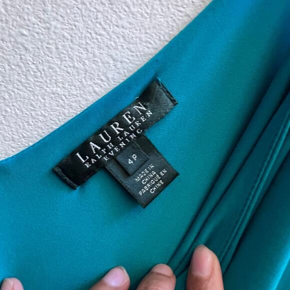 Lauren Ralph Lauren Turquoise V-Neck Drape Ruched Formal Cocktail Midi Dress 4 - Picture 7 of 8